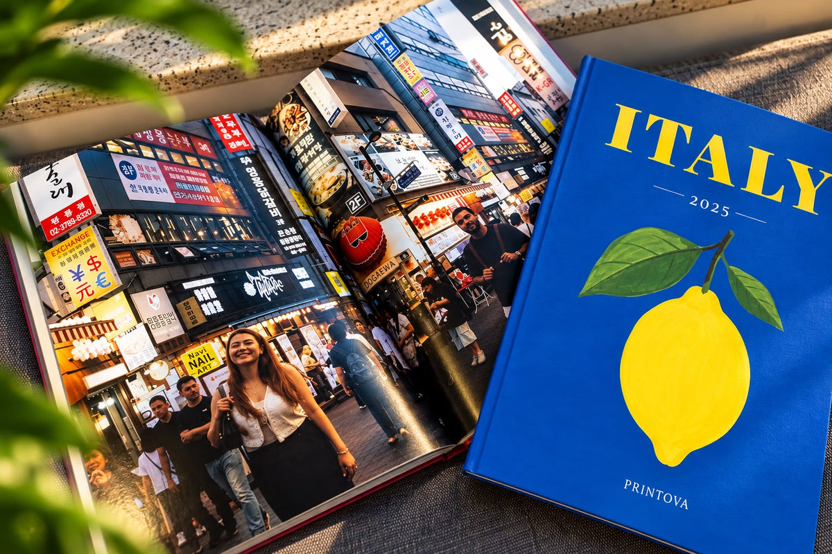 Printova hardcover travel album open on travel photos, next to the Italy cover